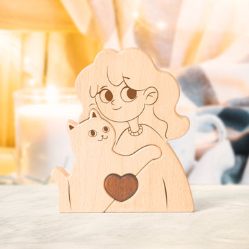 Wooden Cat Hug Figurine – Heartfelt Gift for Cat Lovers