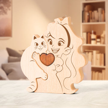 Wooden Cat Hug Figurine – Cute and Heartfelt Gift for Cat Lovers