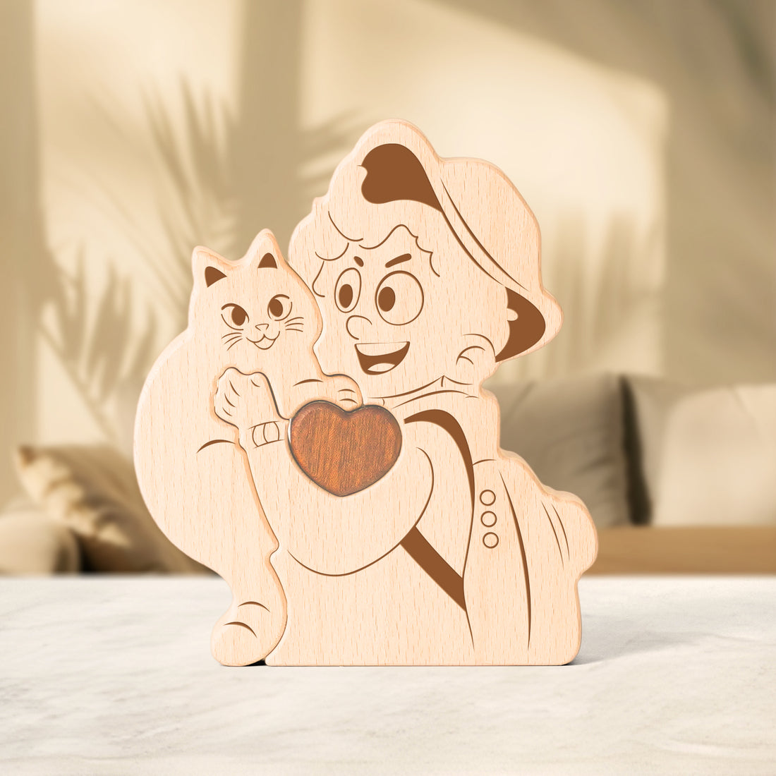 Wooden Cat Hug Figurine – Cute and Heartfelt Gift for Cat Lovers